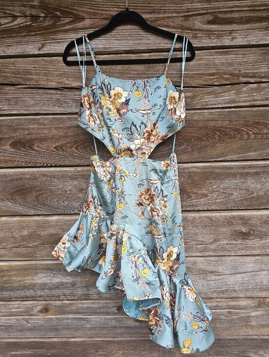 Rosevelvet Dresses & Skirts - Rosevelvet Blue Floral Cutout Ruffle Mini Dress Size Large